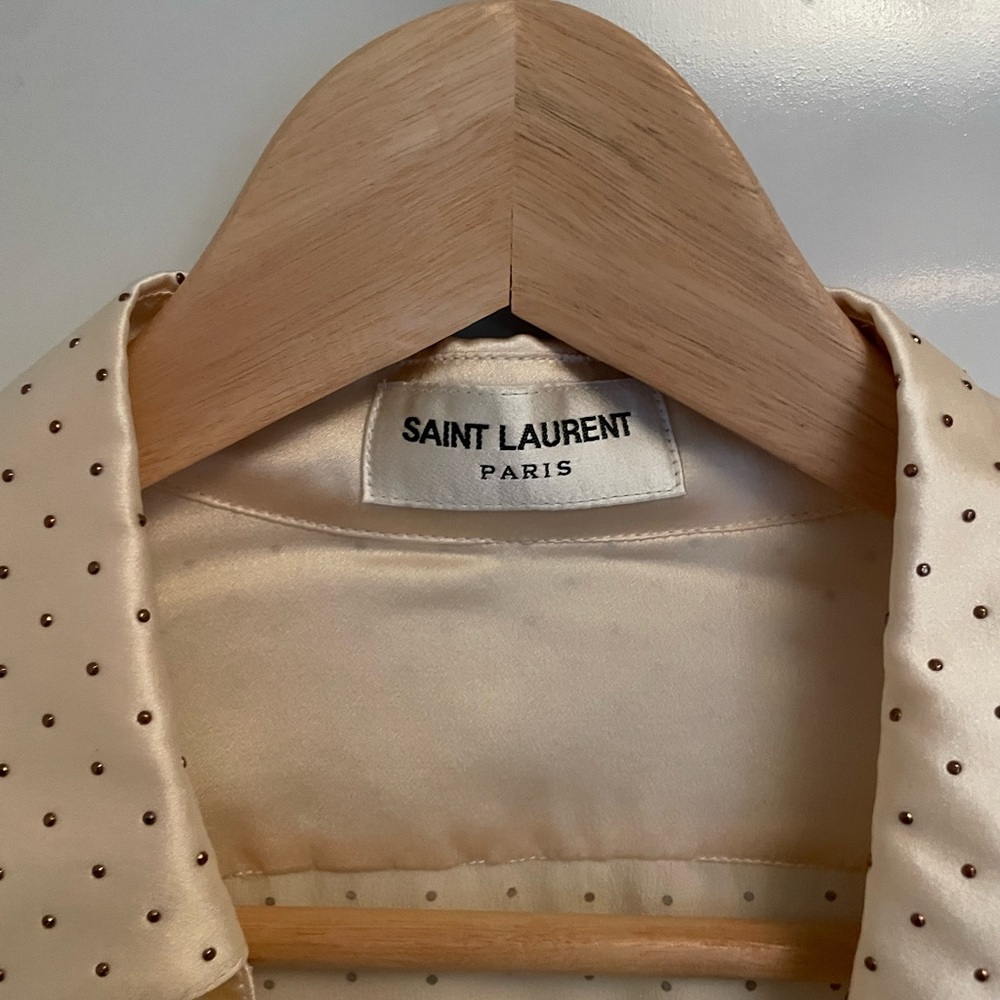 Saint Laurent Ivory and Brown Polka Dot Top